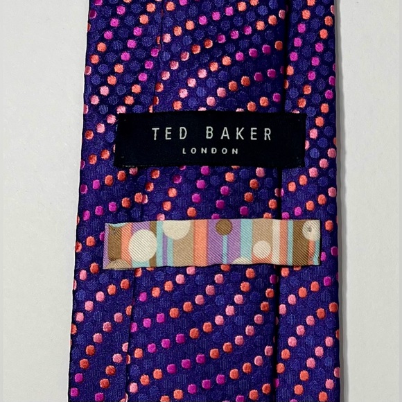 Ted Baker Tie London Purple Wavy Multi Colored Dots 100% Silk Hand Tailored - Picture 6 of 8